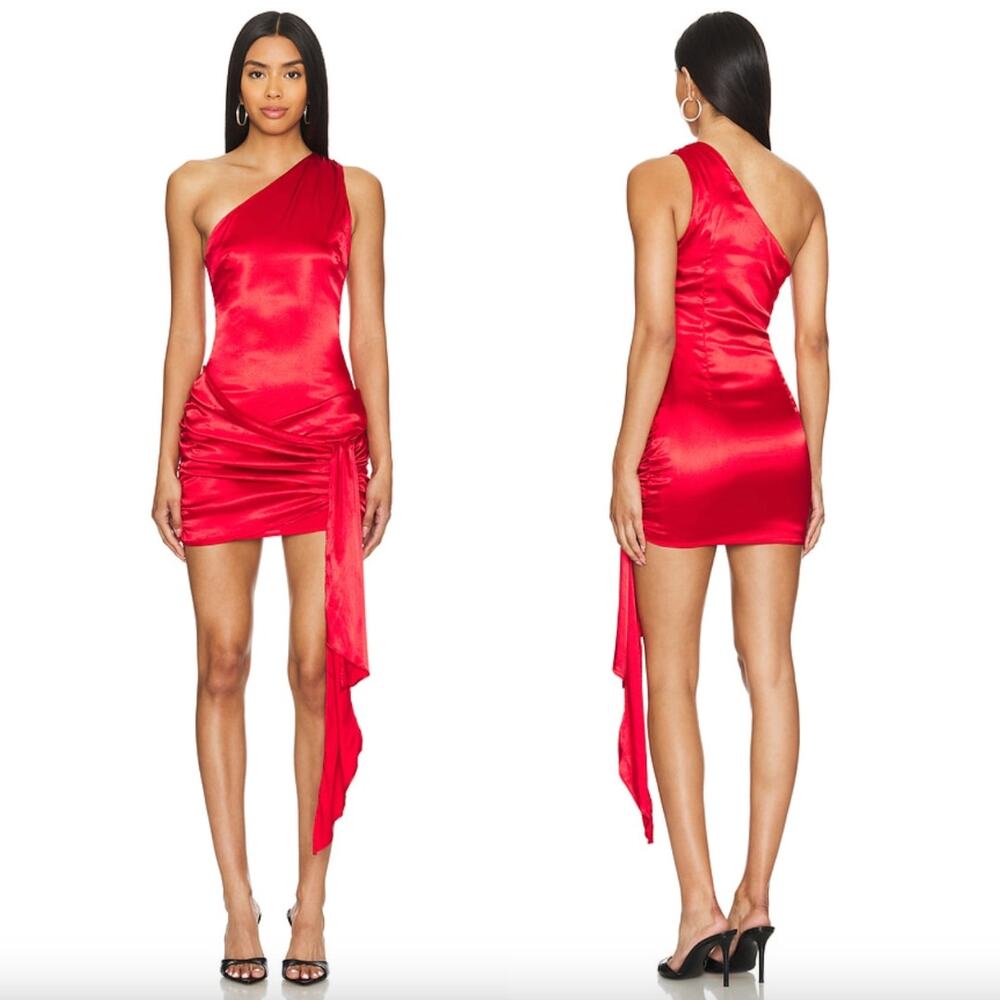 superdown | NWT Dannika Mini Dress in Red Satin Draped One Shoulder S